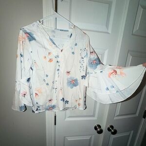 SHEIN White and Blue Floral Bell Sleeve Blouse